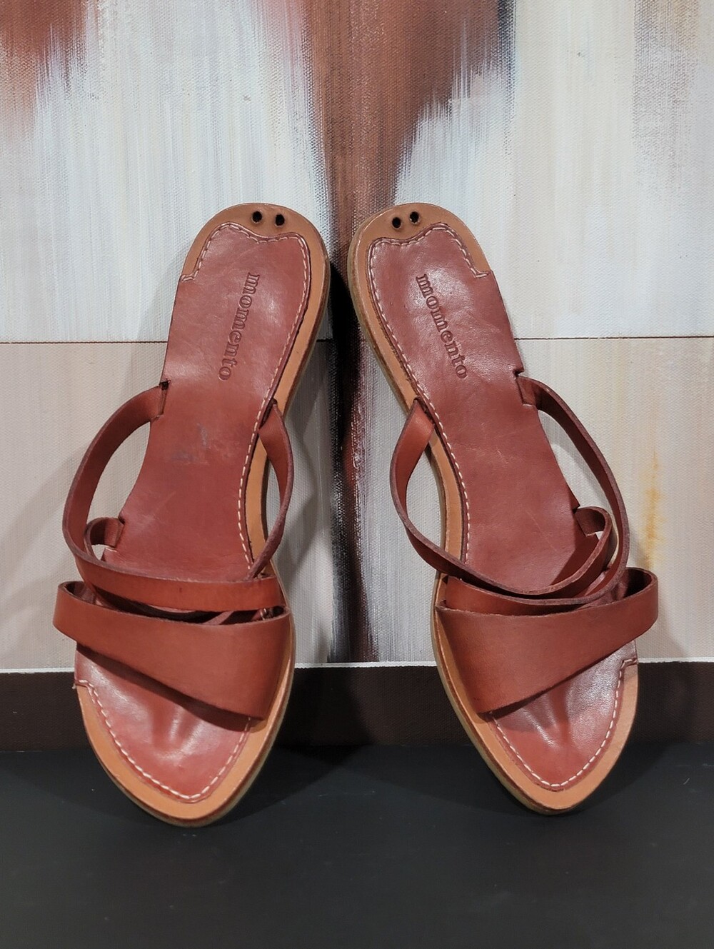 Momento Brand Leather Strappy Slip On Flat Women's Sandals Size 37 Casual